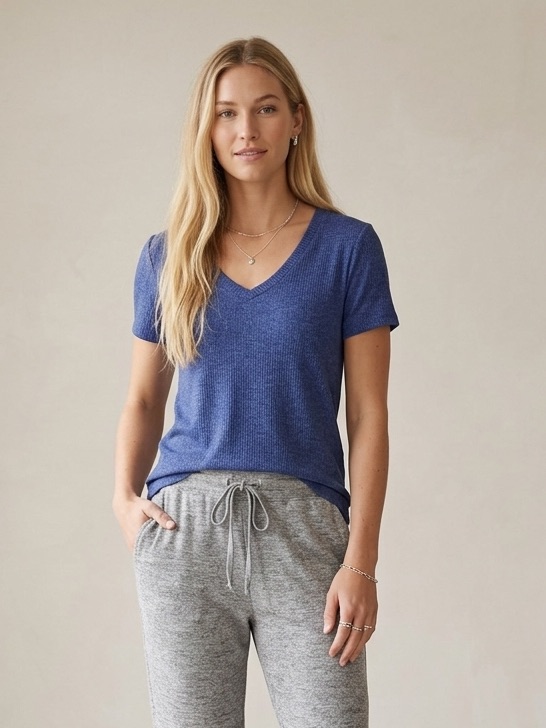 N By Natori Blue Knit Short Sleeve Top Lounge Wear